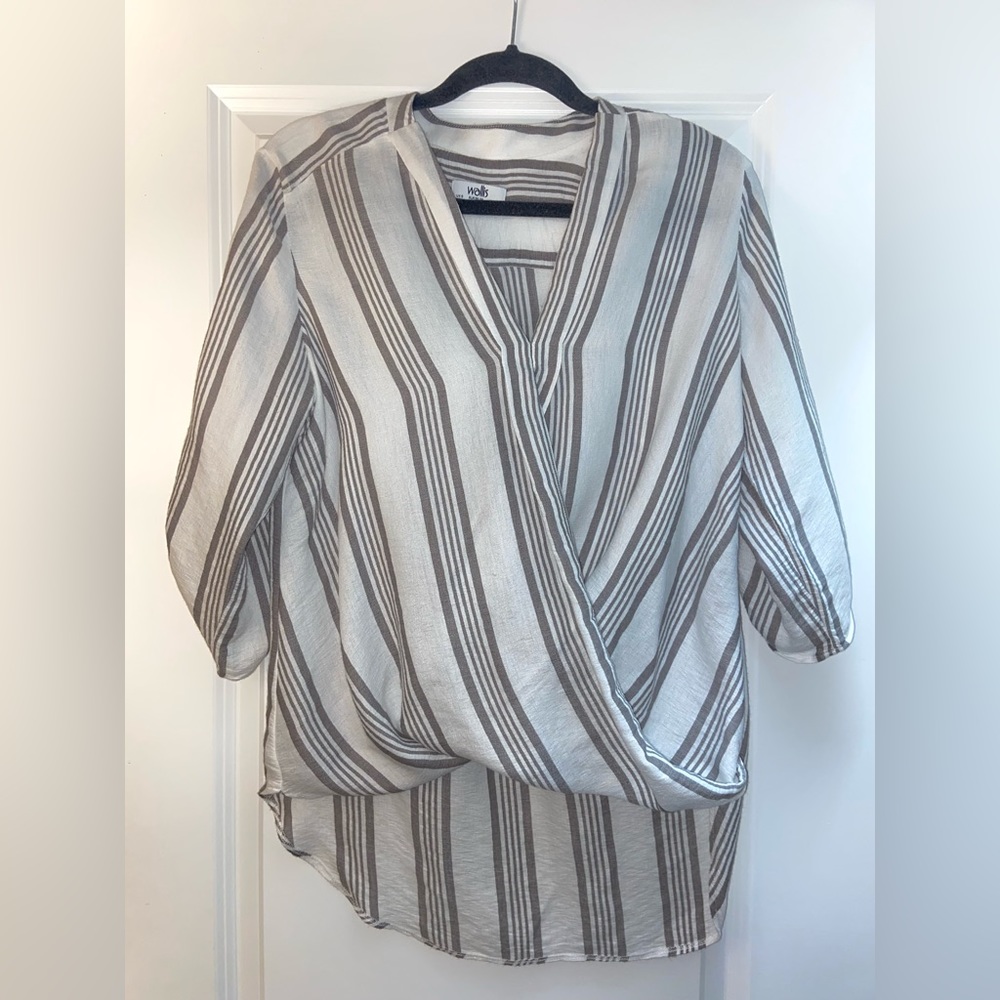 High low linen-like, flowy shirt, white with grey/green stripes